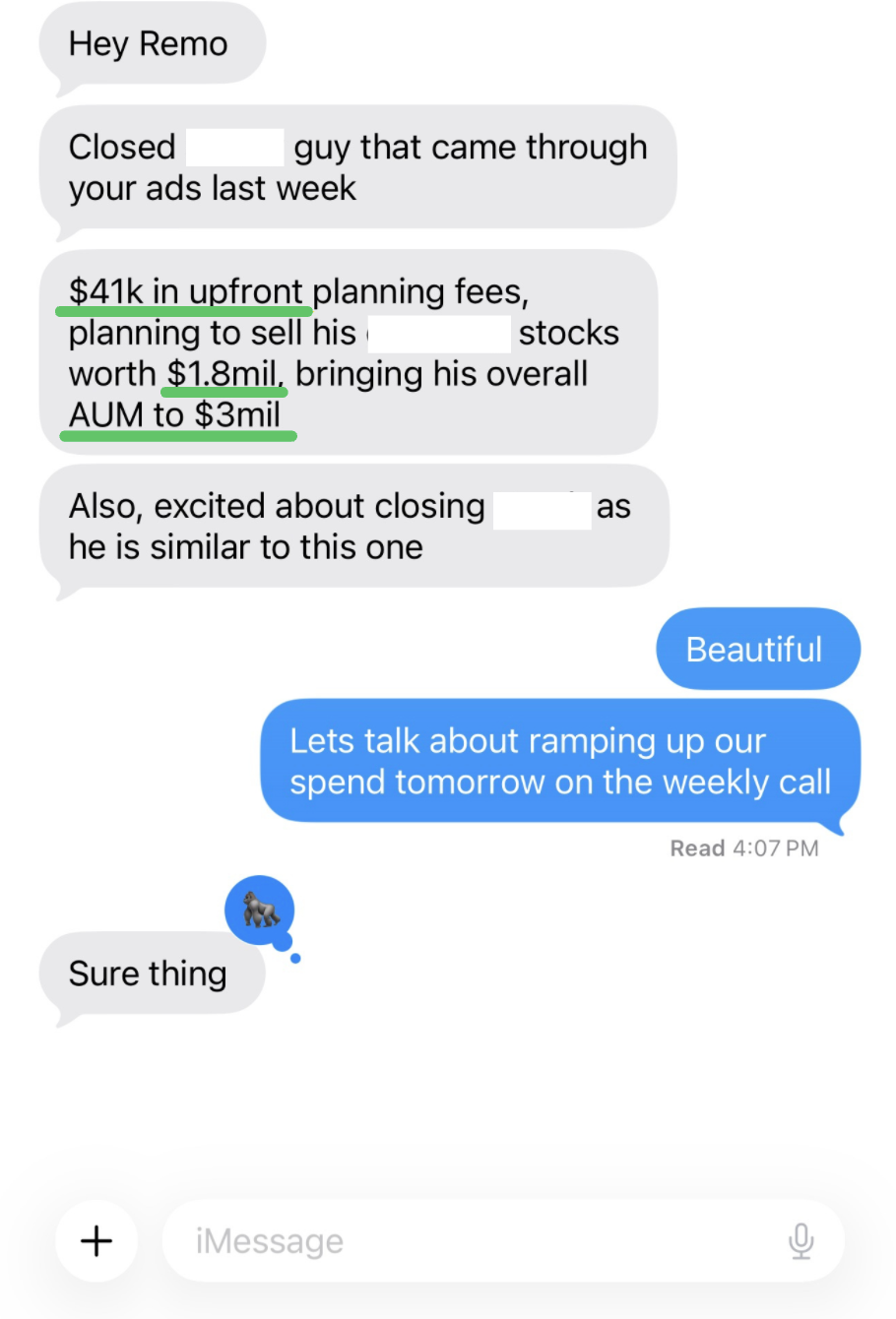 Text conversation with an advisor client